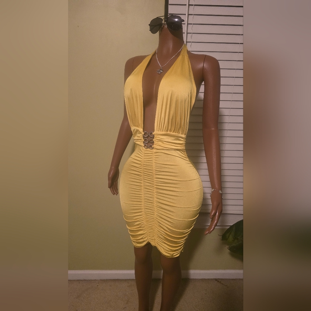 Sabora Yellow Backless Halter Dress